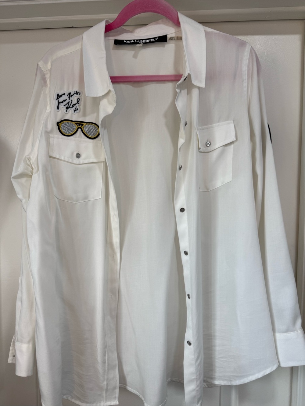 Karl Lagerfeld White Long Sleeve Button-Front Patch Shirt size large